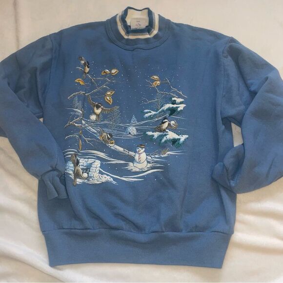 Morning Sun Tops - Vintage Morning Sun Winter Birds Having Fun Sweatshirt- Size Medium